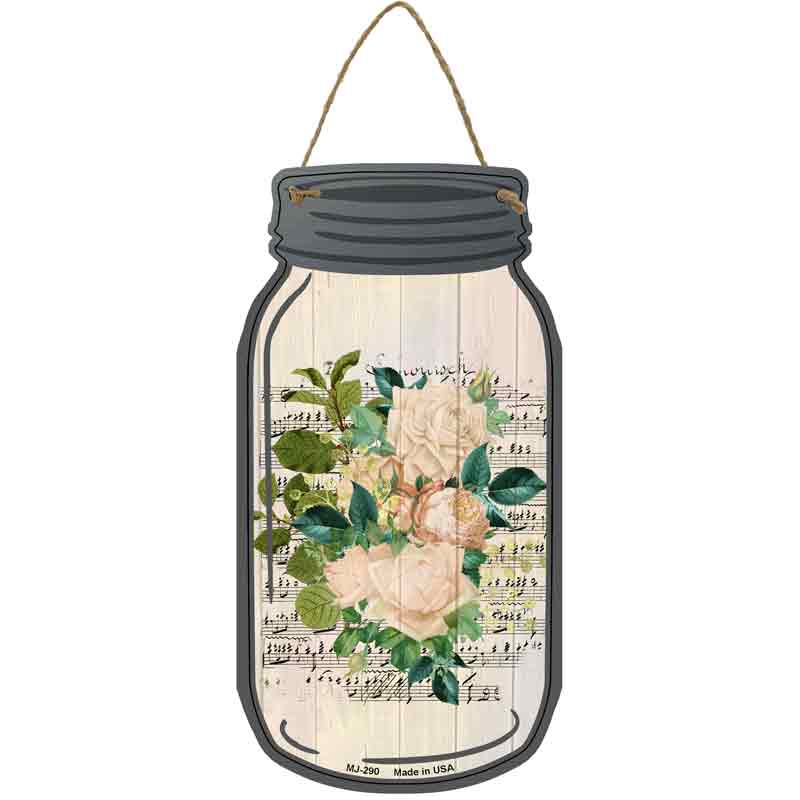 White Flowers With Music Novelty Metal Mason Jar Sign